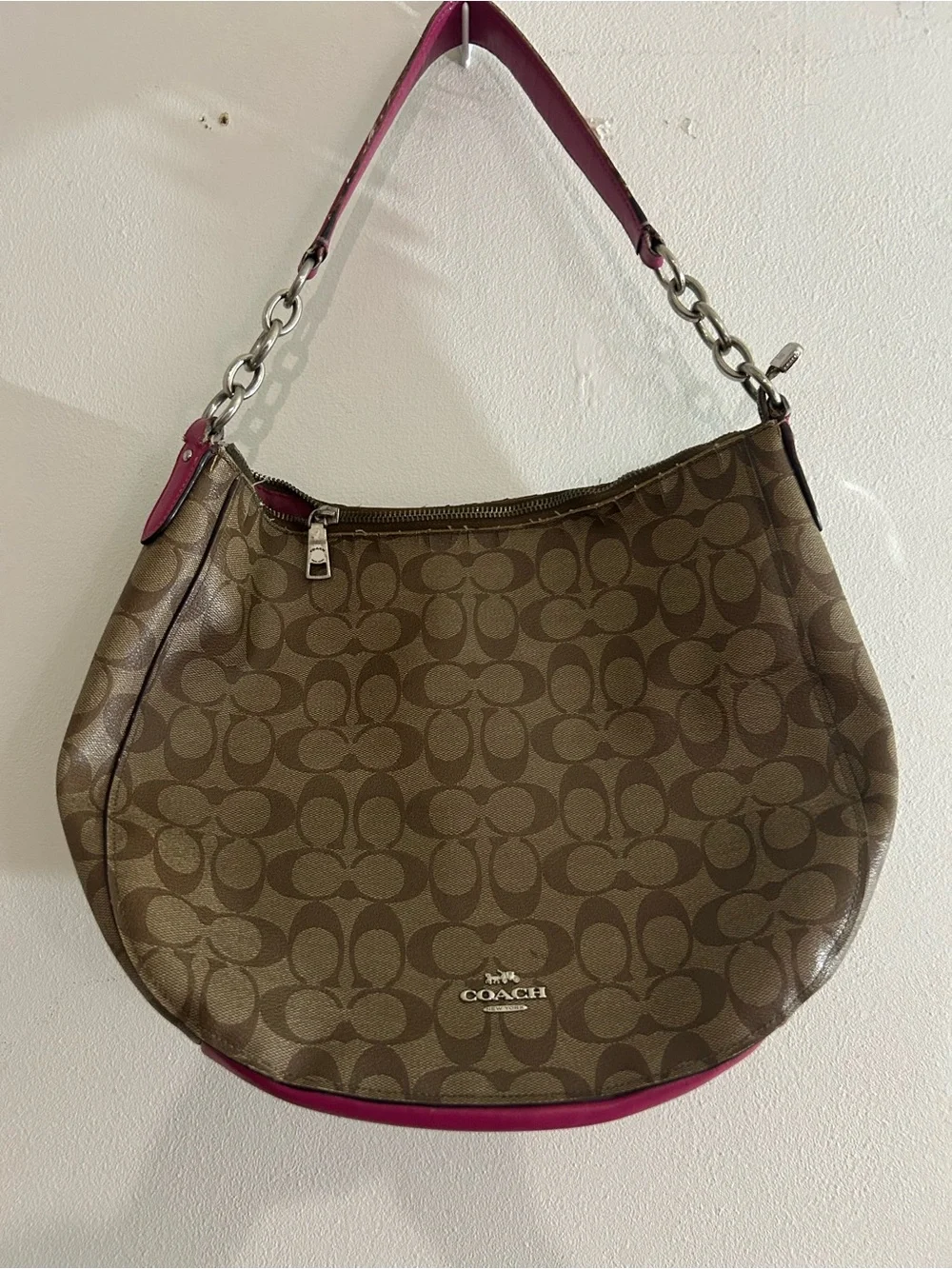 Coach Brown Signature Canvas Hobo with Pink Trim
